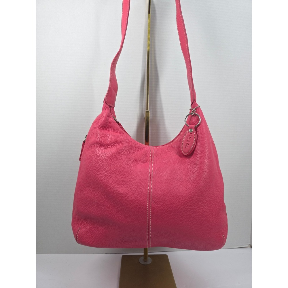 Tig & Co Pink Pebbled Genuine Leather Hobo Shoulder Bag Contrast Stitch Slouchy